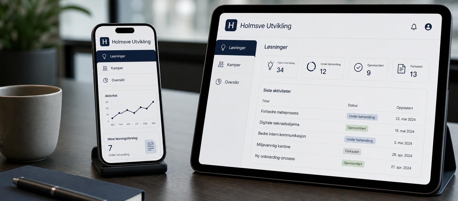 Mobil og nettbrett som viser en app med oversikt og statistikk