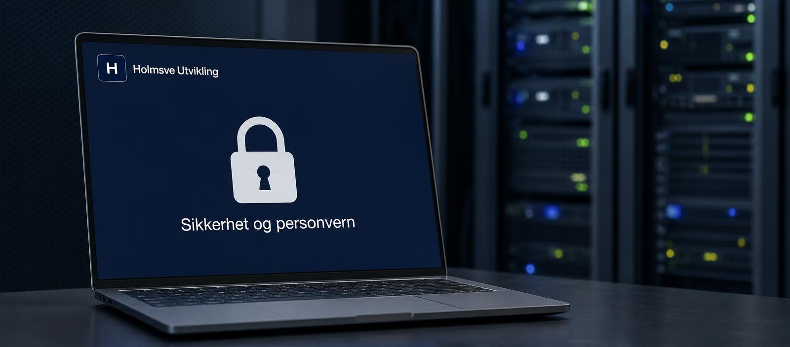 Laptop med hengelås på skjermen foran serverrack i svakt opplyst rom